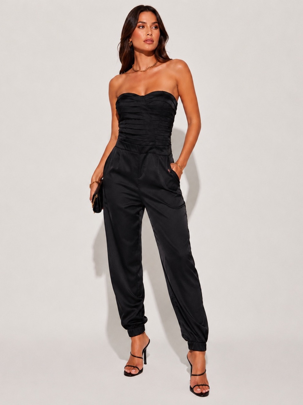Bebe Y2K Strapless Satin Jogger Jumpsuit Black Cocktail Party Romper